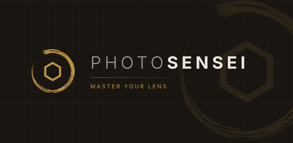 The PhotoSensei brass ensō mark beside the PHOTO SENSEI wordmark, with the line Master Your Lens, on an ink-dark ground.
