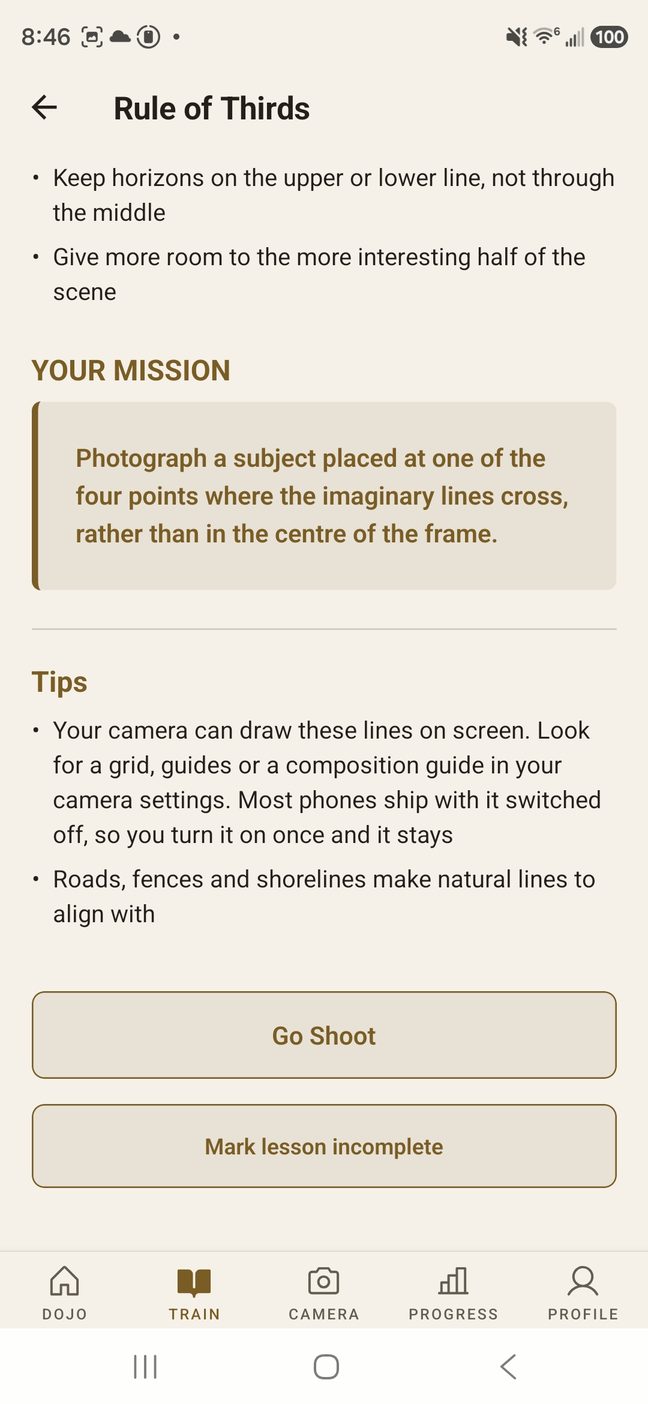 The Rule of Thirds lesson, scrolled to Your Mission: photograph a subject placed at one of the four points where the imaginary lines cross. Tips follow, then Go Shoot.
