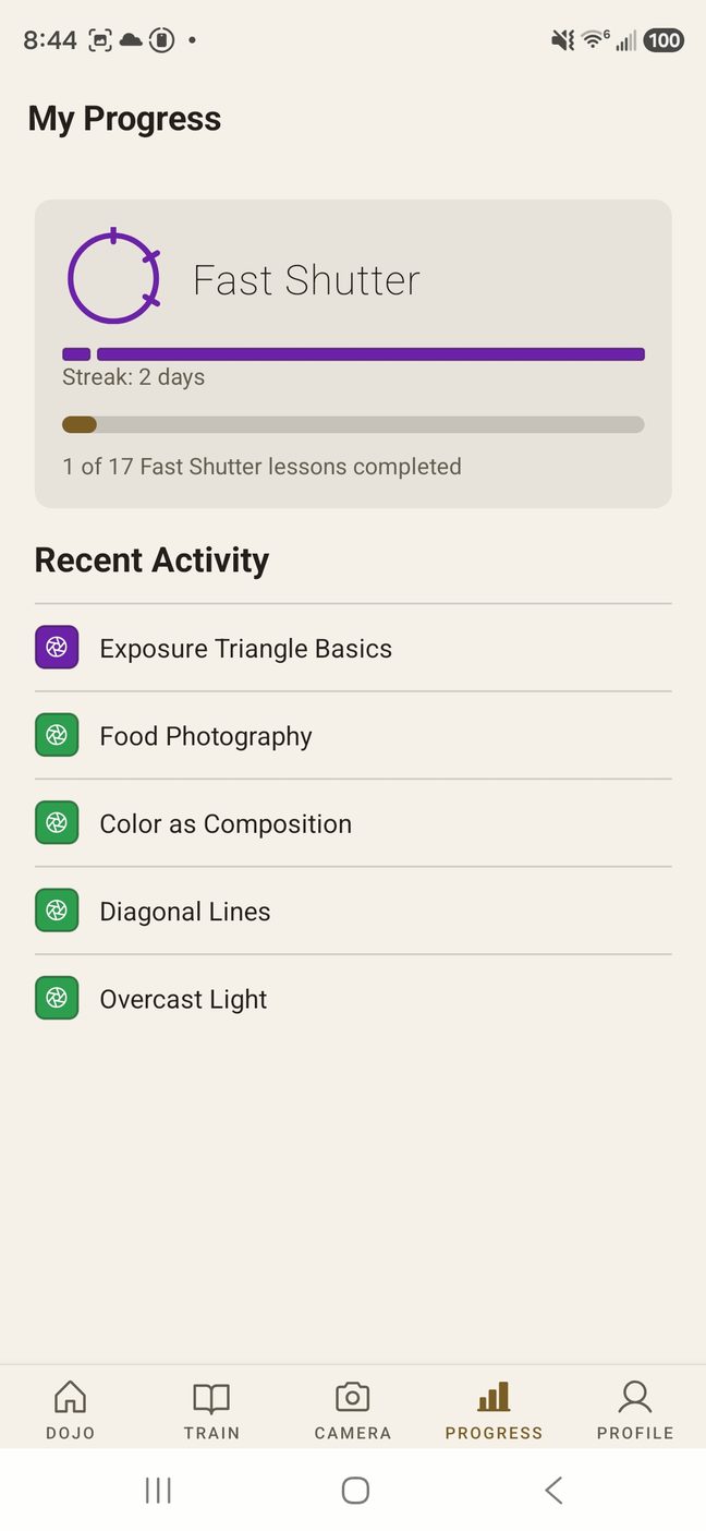The My Progress screen at Fast Shutter rank, showing a two day streak, one of seventeen Fast Shutter lessons completed, and a Recent Activity list of five lessons.
