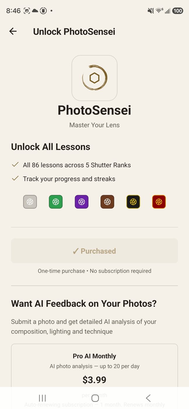 The Unlock PhotoSensei screen, listing all 86 lessons across 5 Shutter Ranks as a one-time purchase with no subscription required, and the Pro AI Monthly option at $3.99 below it.